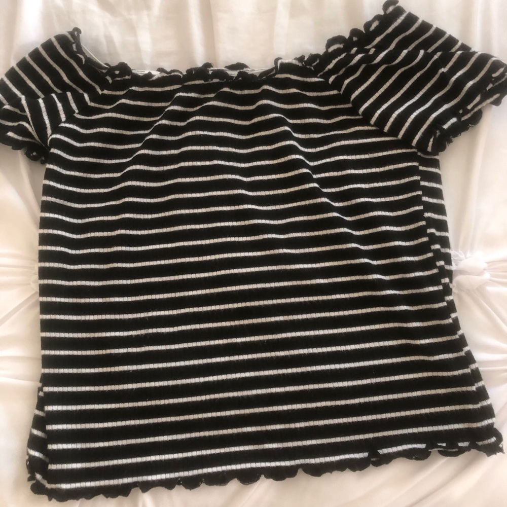 Black and white stripped off the shoulder crop top